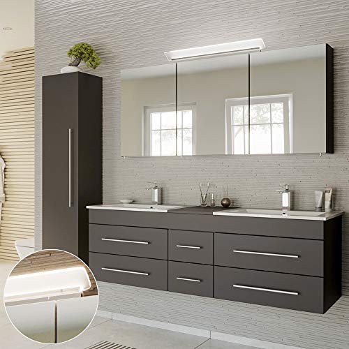 Lomadox Badmöbel Komplett Set anthrazit, Doppel-Waschtisch mit Unterschrank, 2 Waschbecken, LED-Spiegelschrank, Hochschrank