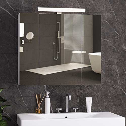 DICTAC spiegelschrank Bad mit LED Beleuchtung,Steckdose und lichtschalter 70x15x60cm(BxTxH) Badezimmer spiegelschrank mit 3 Türen,badschrank mit Spiegel,Hängeschrank,badspiegel,Weiß