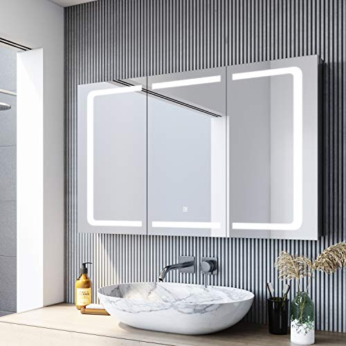 SONNI Spiegelschrank Bad Spiegelschrank mit Beleuchtung 105 x 65cm Edelstahl Spiegelschrank Bad für Badezimmer 3 türig LED Spiegelschrank mit Touch und Steckdose