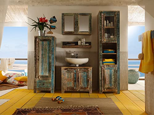 Woodkings® Badset Blue Lagoon 5-teilig, mit Waschbeckenunterschrank, Spiegelschrank, Hochkommode, Hochschrank, Wandregal Echtholz Mango Waschtischunterschrank Badmöbel Holz Badschrank rustikal