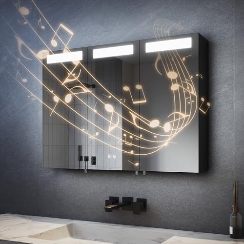 SVNR 90x65 cm Spiegelschrank mit LED-Beleuchtung fürs Badezimmer, 3-Türiger badspiegelschrank Beleuchtung mit Bluetooth, Touch-Schalter, Antibeschlag & Steckdose (Mattschwarz)