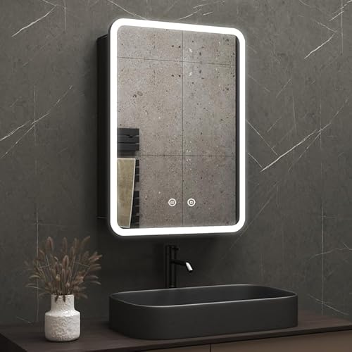 WDWRITTI LED Spiegelschrank 50x70cm mit Beleuchtung Spiegel, 3-Farben Dimmen Spiegel Badezimmerschrank mit Beschlagfrei, Abgerundete Ecken Wandschrank Speicher mit Ablage, Touch-Schalter