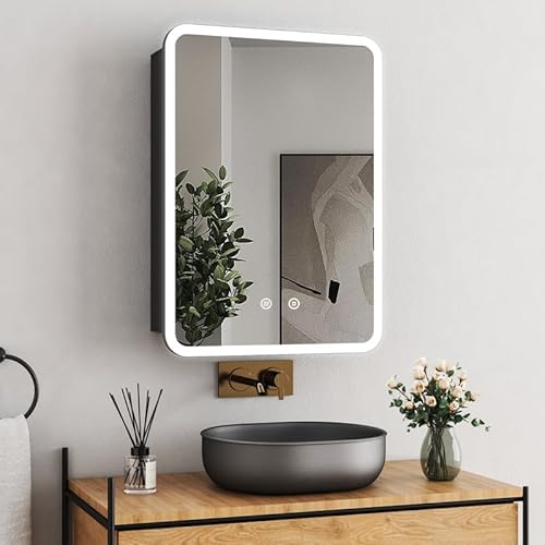 WDWRITTI Spiegelschrank mit Beleuchtung 50x70cm LED Spiegel, 3-Farben Dimmen Spiegel Badezimmerschrank mit Beschlagfrei, Abgerundete Ecken Wandschrank Speicher mit Ablage, Touch-Schalter