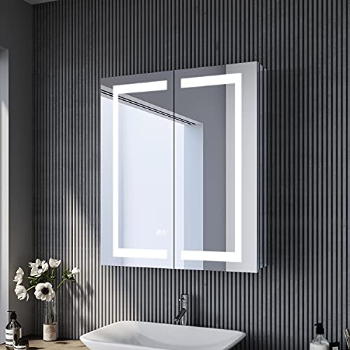 SONNI Spiegelschrank Bad mit Beleuchtung 60 cm breit beschlagfrei LED Spiegelschrank mit Beleuchtung und Steckdose 2-türig Badezimmer-Spiegelschrank mit Touchschalter