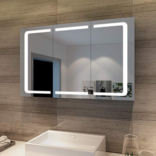 SONNI Bad Spiegelschrank 3 türig 105 x 65 cm Spiegelschrank Bad mit Beleuchtung und Steckdose Badezimmerspiegel LED Spiegelschrank mit Kippschalter