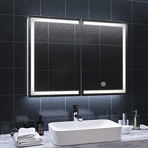 Spiegelschrank Bad mit LED Beleuchtung und Steckdose 80x13.5x60cm Metall spiegelschrank mit ablage,badschrank mit Spiegel,2 türen,3 Farbtemperatur dimmbare,Touch Sensorschalter,badspiegel,Weiß