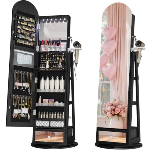 LVSOMT LED Bogen Schmuckschrank mit Spiegel, 360° Drehbar Standspiegel mit Schmuckschränke, Abschließbar Schmuckspiegelschrank mit Beleuchtung, Schmuckschrank Stehend Holz mit Stufiges Regal, Schwarz