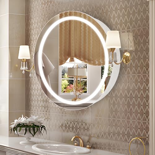 Janboe 76 cm runder Medizinschrank mit Lichtern, LED-Medizinschrank mit Entnebeler, beleuchteter Spiegelschrank für Badezimmer, dimmbar, beschlagfrei, 3000 K-6500 K Farbtemperatur,weiß