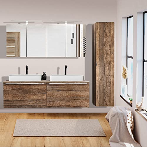 Lomadox Badezimmermöbel Badmöbel Set in Vintage Oak Eiche, 160cm Doppel-Waschtisch Unterschrank, 2 Keramik-Waschbecken, 2 LED-Spiegelschränke, Hochschrank