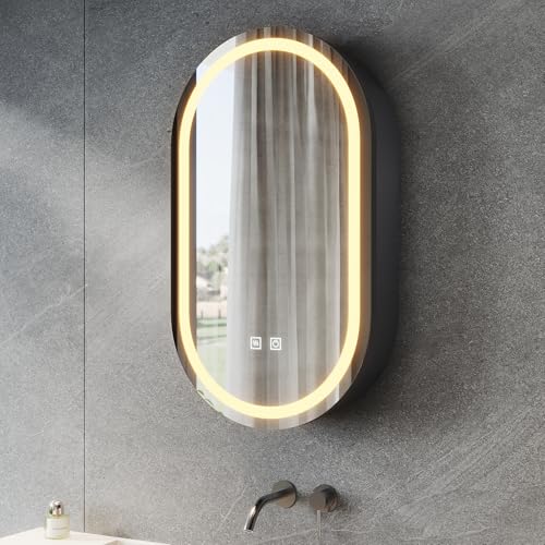 SONNI Spiegelschrank Bad mit Beleuchtung und Steckdose 70x40 cm, LED Spiegelschrank mit Touch-Schalter, Dimmbar, 3 Einstellbare Lichtfarben Beschlagfrei Oval Badezimmer Wandschrank, Mattschwarz