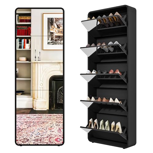 Organizedlife Spiegel Schuhschrank, freistehendes Schuhregal mit 5 Etagen, Schmaler Schuh Schrank für den Flur, Schwarz
