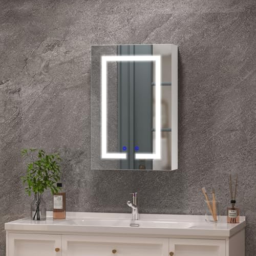 Luxstein Spiegelschrank Badezimmer mit LED Beleuchtung, 3 Lichtfarben 6000K, Anti-Beschlag, Wandmontage, mit Steckdose & Ablage, platzsparend, moderner Badezimmerschrank, 40x60cm, Weiß