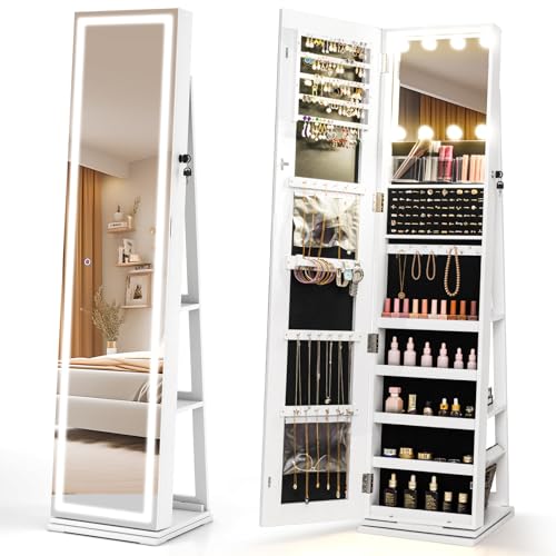 COSTWAY 360° drehbar Schmuckschrank mit LED Ganzkörperspiegel, Spiegelschrank abschließbar mit Make-up-Spiegel, Schmuck-Organizer freistehend für Ketten, Ohrringe, Schminke (Weiß)
